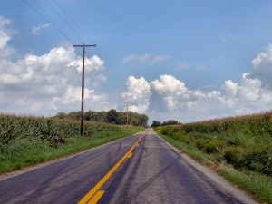 Rural paved county road in Bremen, a small town in Marshall County, Indiana